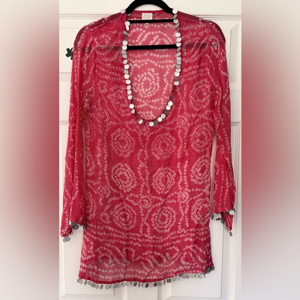 Women's Pink Long-Sleeve Patterned Tunic Top beachwear